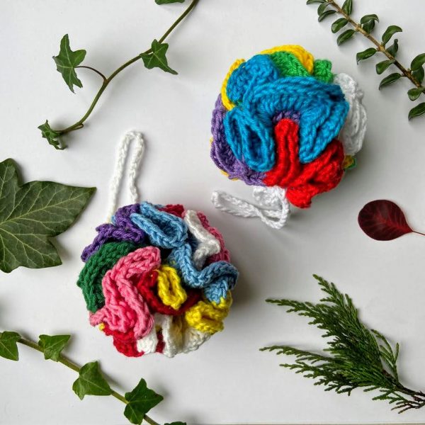Crocheted cotton rainbow bath poufs
